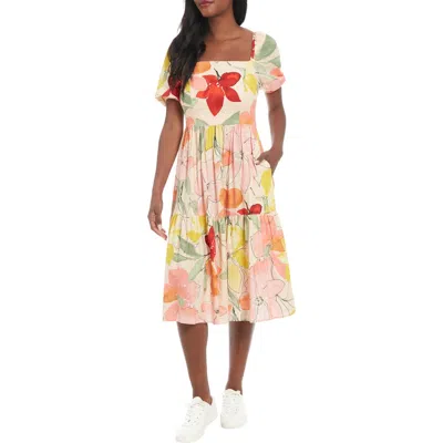 London Times Floral Square Neck Puff Sleeve Tiered Midi Dress
