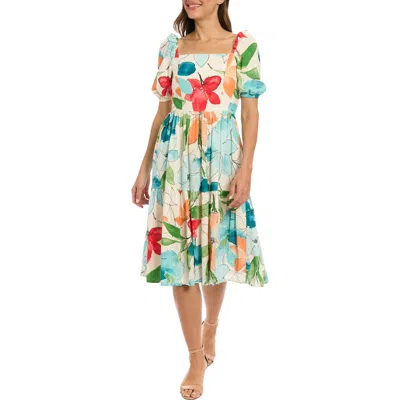 London Times Floral Square Neck Puff Sleeve Tiered Midi Dress