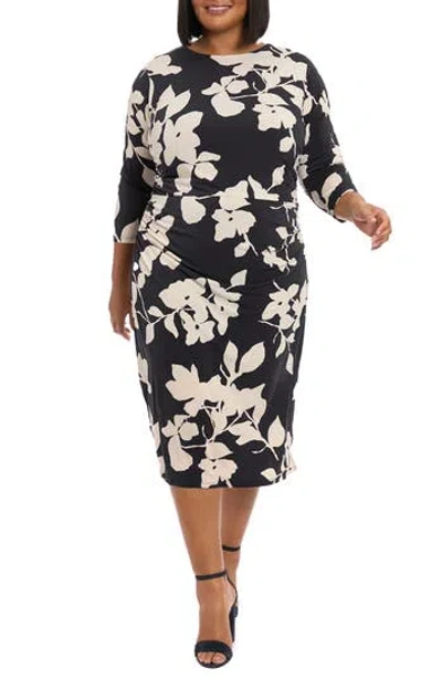 London Times Floral Three-quarter Sleeve Midi Sheath Dress In Multi