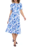 London Times Floral Tie Neck Short Sleeve Fit & Flare Midi Dress In Ivory/blue/roy