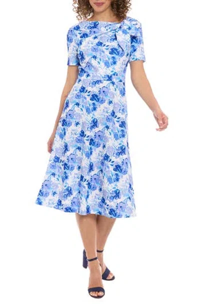 London Times Floral Tie Neck Short Sleeve Fit & Flare Midi Dress In Ivory/blue/roy