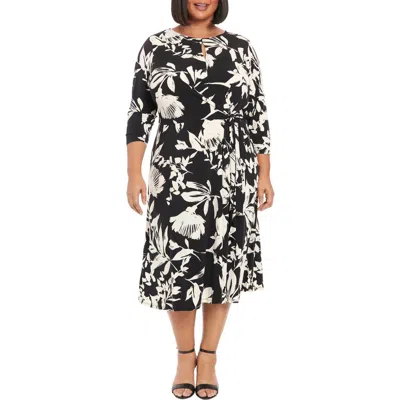 London Times Floral Tie Waist Midi Dress In Black/cream