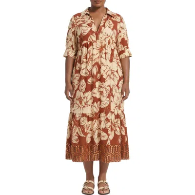 London Times Floral Tiered A-line Midi Dress In Brown