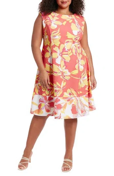 London Times Floral Trapeze Dress In Coral/yellow