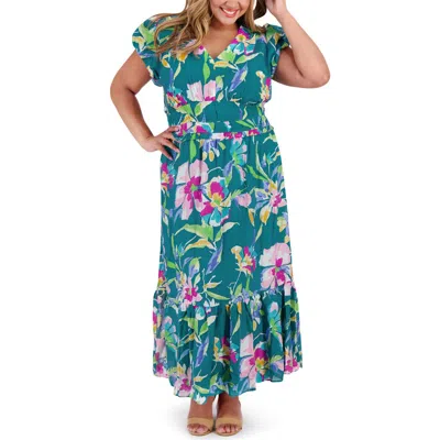 London Times Floral V-neck Elastic Waist Maxi Dress In Teal/pink