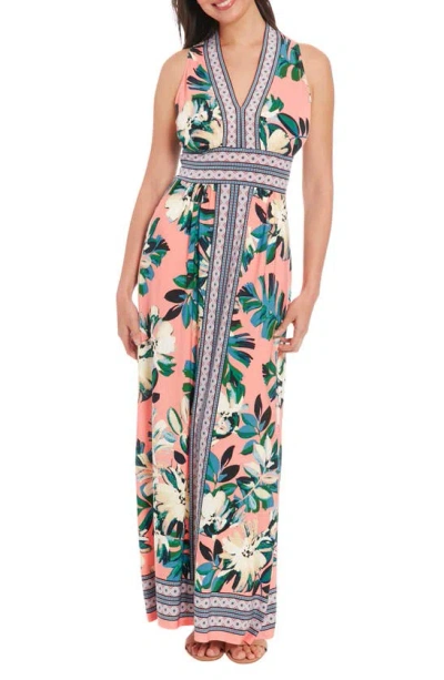 London Times Floral V-neck Sleeveless Maxi Dress In Coral/ Teal