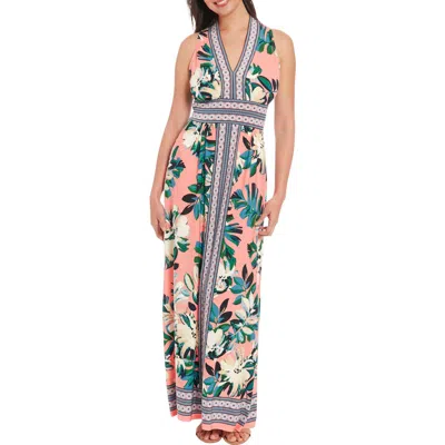 London Times Floral V-neck Sleeveless Maxi Dress In Coral/teal