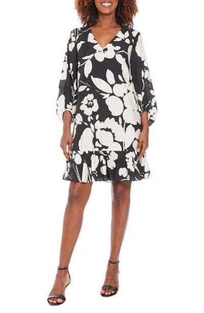 London Times Floral V-neck Three-quarter Sleeve Shift Dress In Black