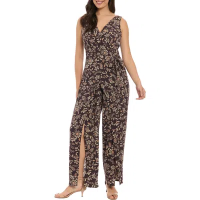London Times Floral Walk-through Jumpsuit In Brown/ Beige