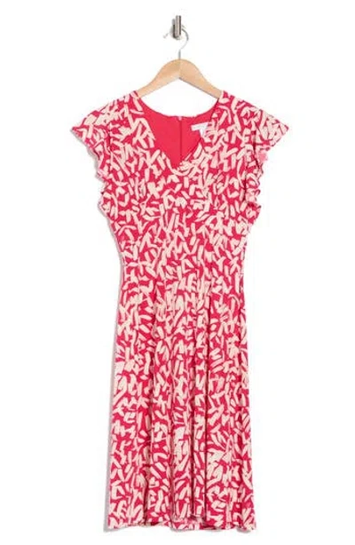 London Times Flutter Sleeve Empire Waist Dress In Red Cream