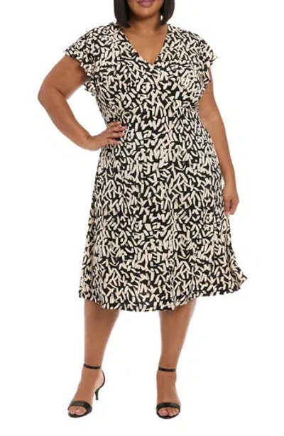 London Times Flutter Sleeve Faux Wrap Dress In Black/cream