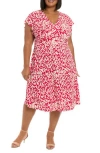 London Times Flutter Sleeve Faux Wrap Dress In Rose Red/cream