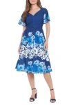 London Times Flutter Sleeve Fit & Flare Midi Dress In Blue