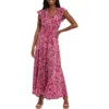 London Times Flutter Sleeve Smocked A-line Maxi Dress In Pink