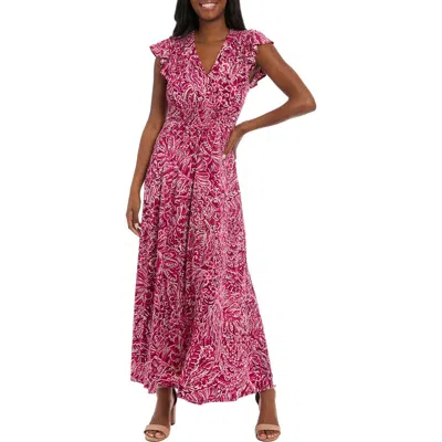 London Times Flutter Sleeve Smocked A-line Maxi Dress