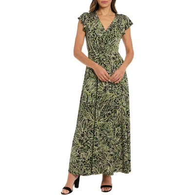 London Times Flutter Sleeve Smocked A-line Maxi Dress