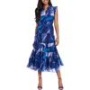 London Times Flutter Sleeve Tiered Chiffon Maxi Dress In Blue