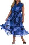 London Times Flutter Sleeve Tiered Maxi Dress In Blue