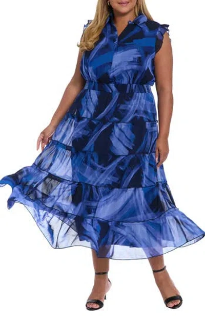 London Times Flutter Sleeve Tiered Maxi Dress In Blue
