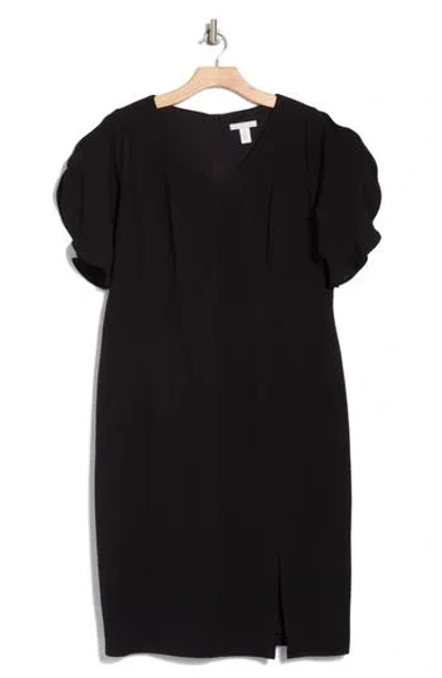London Times Flutter Tulip Sleeve Midi Sheath Dress In Black