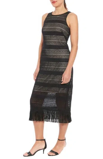london times crochet dress London Times Fringe Sleeveless Crochet Midi Dress In Black