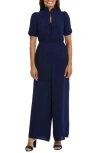 London Times Front Zip Puff Sleeve Jumpsuit In Blue