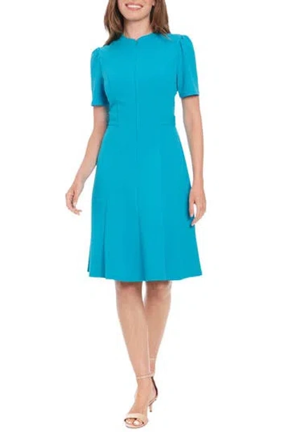 London Times Front Zip Short Sleeve Fit & Flare Dress In B Reef Blue