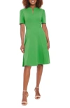 London Times Front Zip Short Sleeve Fit & Flare Dress In Kelly Green