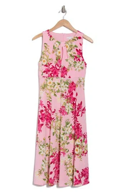 London Times Garden Medley Floral Keyhole Sleeveless Midi Dress In Pink/yellow