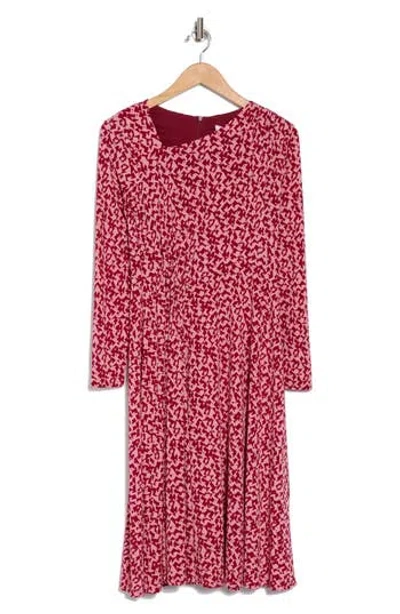 London Times Geo Print Asymmetric Neck Long Sleeve Dress In Blush/red