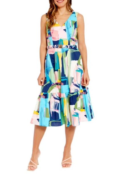 London Times Geo Print Belted Fit & Flare Midi Dress In Navy Multi