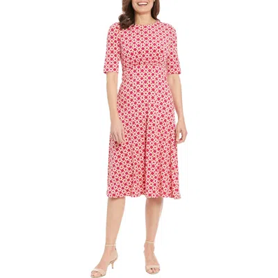 London Times Geo Print Elbow Sleeve Fit & Flare Dress In Berry/ivory