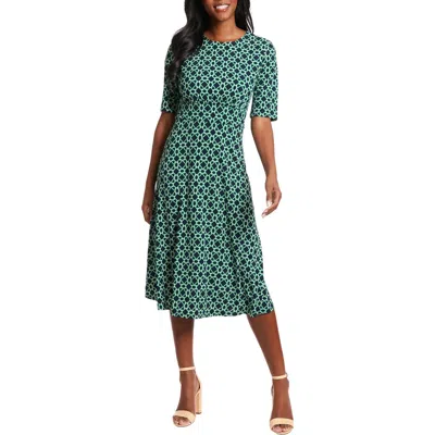 London Times Geo Print Elbow Sleeve Fit & Flare Dress In Green/navy