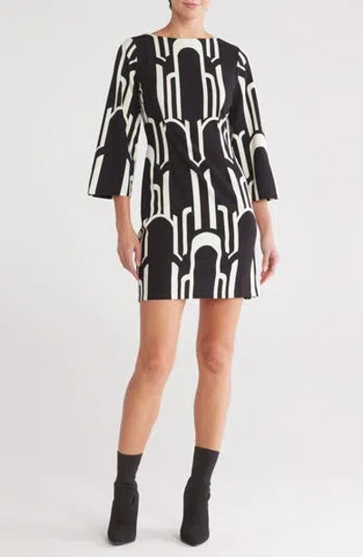 London Times Geo Print Long Sleeve Shift Dress In Black/ivory