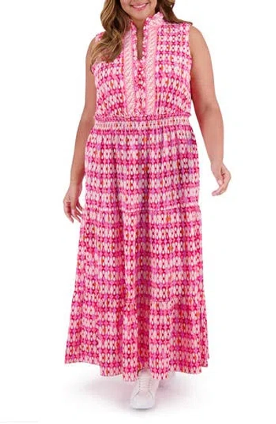 London Times Geometric Ruffle Neck Sleeveless Maxi Sundress In Rose