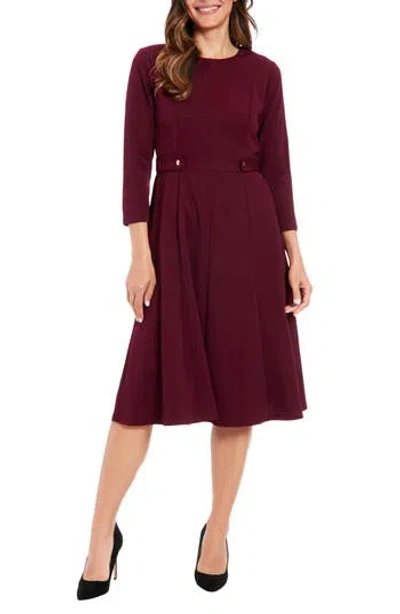 London Times Gold Button Fit & Flare Dress In Burgundy