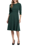London Times Petites Womens Crepe 3/4 Sleeves Fit & Flare Dress In Emerald