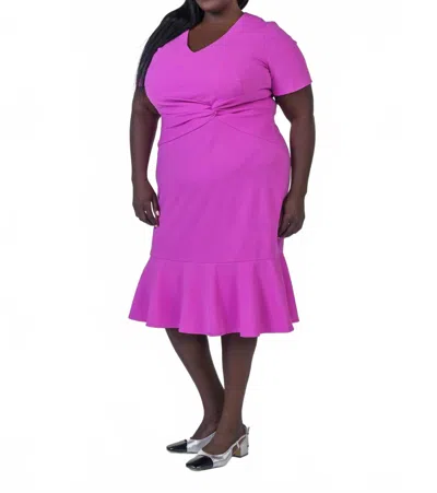 London Times Halie Midi Dress With Flounce - Plus In Hot Pink