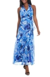 London Times Petite Printed Side-tie Ruffle-trim Maxi Dress In Blue