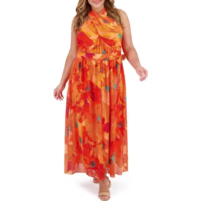 London Times Halter Neck Sleeveless Chiffon Maxi Dress In Orange