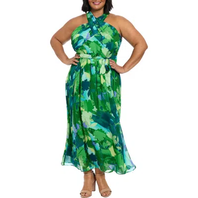 London Times Halter Neck Sleeveless Chiffon Maxi Dress In Green/teal