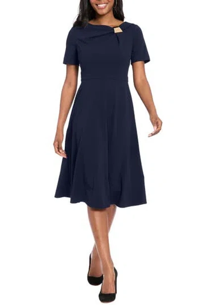London Times Hardware Neck Fit & Flare Midi Dress In Blue