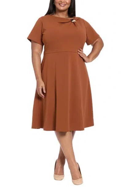London Times Hardware Trim Scuba Fit & Flare Dress In Brown