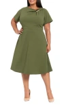 London Times Plus Size Fit And Flare Short Sleeve Dress In Green