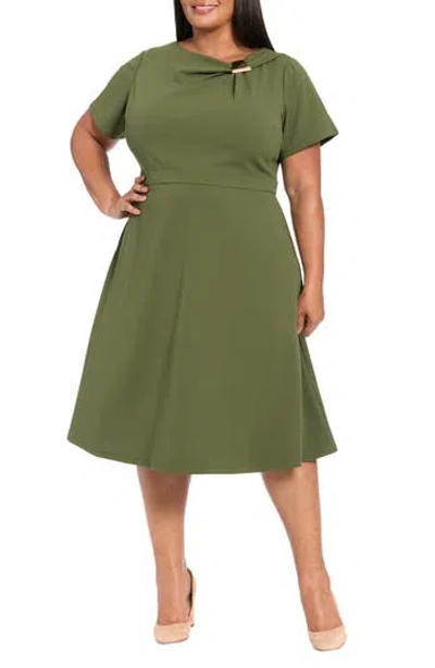 London Times Hardware Trim Scuba Fit & Flare Dress In Green