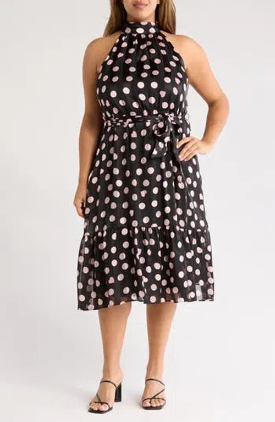 London Times Tie Waist Halter Midi Dress In Black/cream