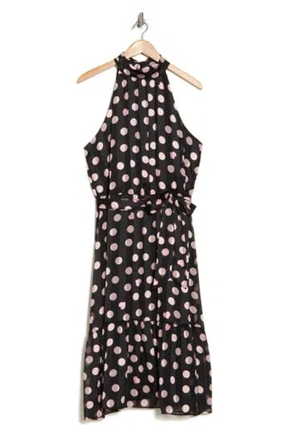 London Times Heart & Dot Print Sleeveless Fit & Flare Dress In Black/blush