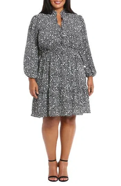 London Times Heart Print Long Sleeve Fit & Flare Dress In Black/ivory