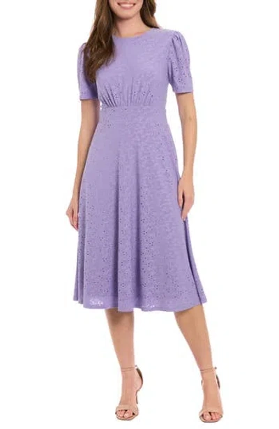 London Times Jesey Embroidered Eyelet Short Sleeve Dress In Purple