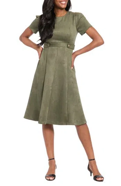 London Times Jewel Neck Side Tab Fit & Flare Dress In Green